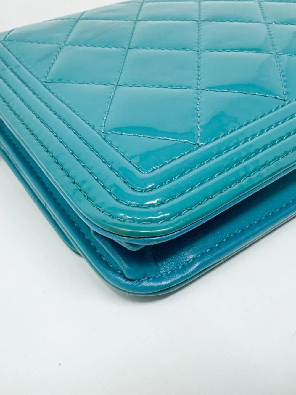 Chanel Turquoise Quilted Patent Leather Wallet on Chain